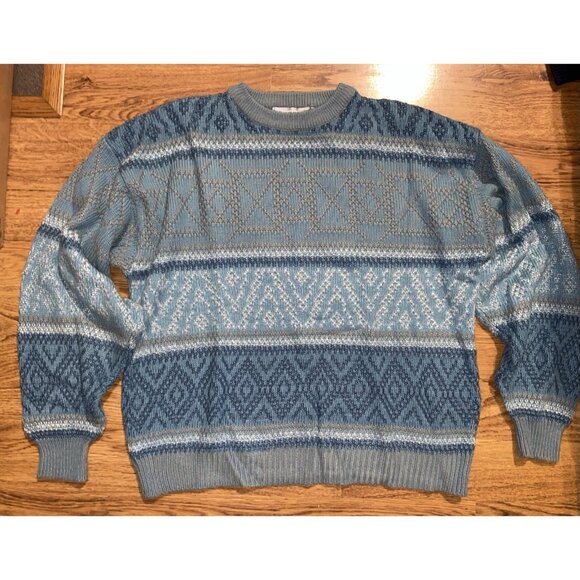 Vtg 1990 Saturdays NYC Mens Nordic Geometric Pattern Blue Ski Sweater Mens Large - Picture 1 of 5